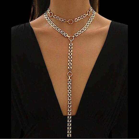 Gold Y Lariat Multilayer Necklace Specialty Chain Link - Picture 1 of 4